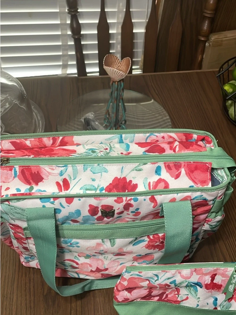 The Pioneer Woman Mint and Coral Floral Diaper Tote with Matching Pouch